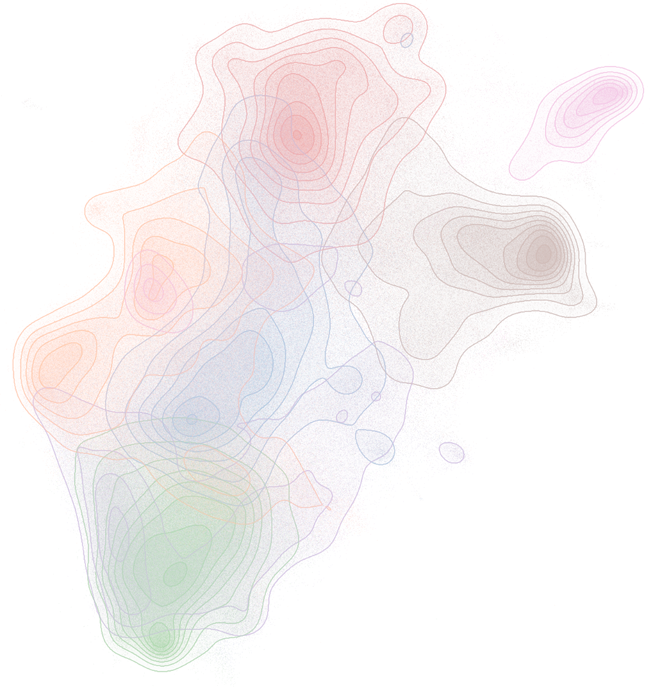 Embedding map of the scientific corpus — hypotheses, articles, trials, drugs and grants clustered by meaning