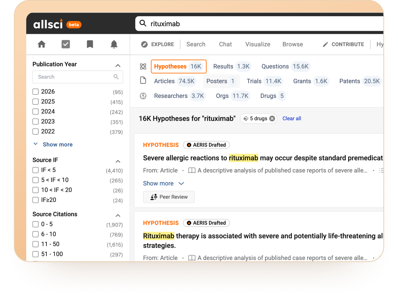 Faceted search across every entity type, with filters and sorting